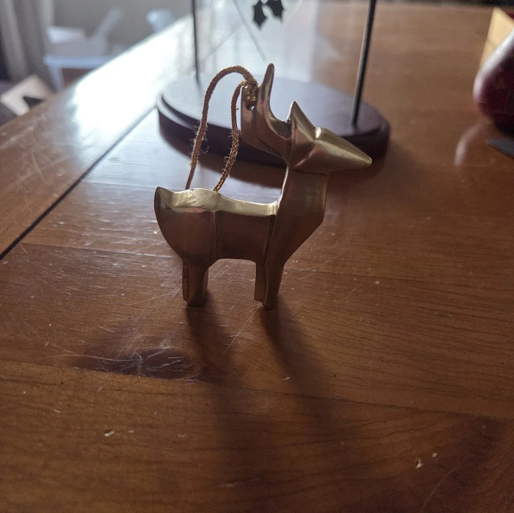 Contemporary Heavy Brass Or Gold Toned Metal Reindeer Ornament